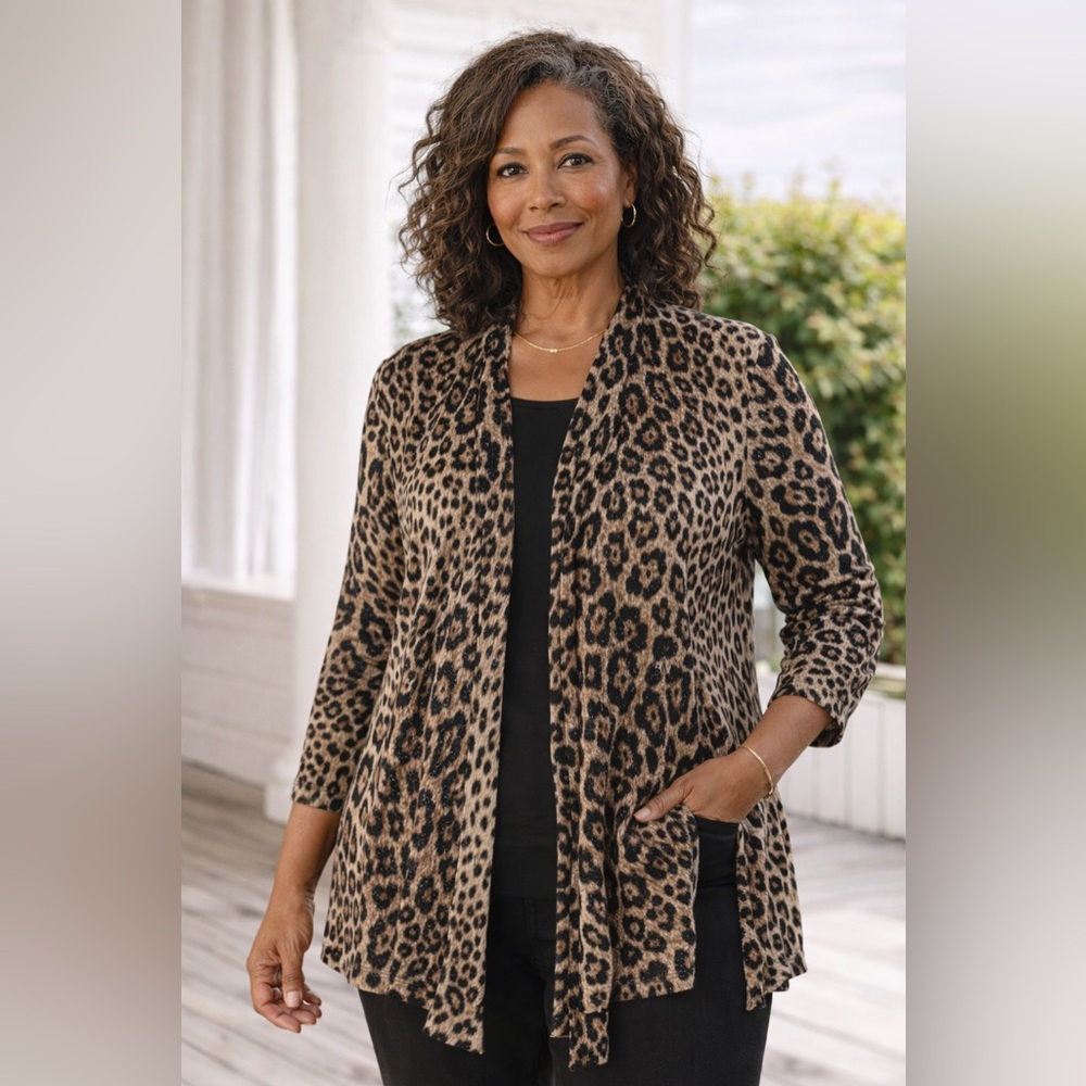 Kasper Leopard Print Open Cardigan Medium Metallic Shimmer Lightweight